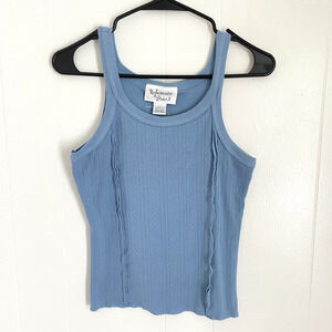 Y2K Reference Point Blue Knit Tank Top Small Lettuce Hem Ribbed 90s Stretch